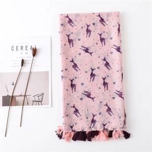 Artistic pink deer print scarf with fringe tassels on minimalist white background
