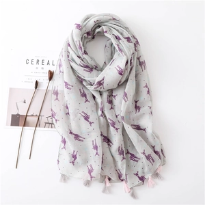 Light gray cotton linen scarf with purple deer print and elegant pink fringe tassels