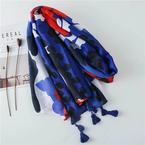 Blue and red leopard floral print long scarf with tassels and soft linen-feel texture