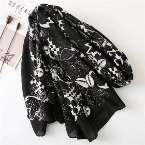Classic black and white floral cotton linen scarf with plaid patterns and rolled edges