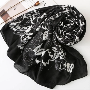 Classic black and white floral pattern cotton linen scarf with elegant geometric prints