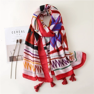 Bohemian Ethnic Geometric Print Scarf Shawl Polyester Tassel Fringe Beach Sun Protection Long Wrap For Women