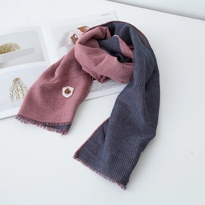 Double-sided plaid cotton linen scarf with vintage badge for men and women