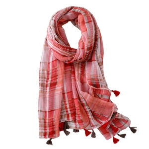 Classic red and pink plaid scarf with fringe tassels on a clean white background