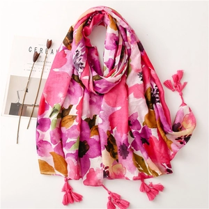 Floral Print Scarf Shawl Women Soft Polyester Cotton Feel Tassel Large Wrap Sun Protection Vacation Beach Fashion