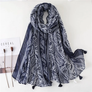 Paisley Printed Scarf Shawl Ethnic Style Tassel Fringe Lightweight Breathable Polyester Voile Wrap For Women