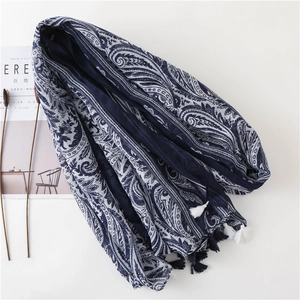 Navy blue paisley pattern cotton linen scarf with tassel fringe for women