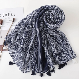 Navy blue paisley print shawl scarf with tassels made of soft cotton linen blend