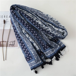 Blue and white floral boho scarf with tassels and geometric patterns for women