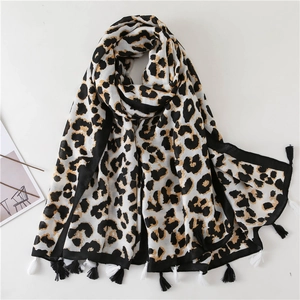 Leopard Print Polyester Scarf For Women Long Soft Cotton Linen Feel Warm Shawl Wrap With Tassels Fashion Accessory