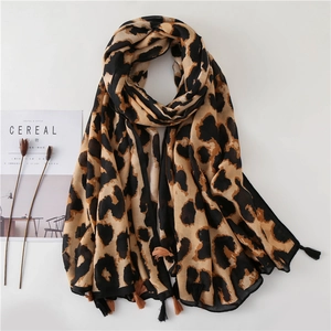 Leopard Print Scarf Shawl For Women With Tassels Satin Cotton Lightweight Long Fashion Wrap