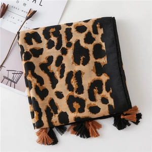 Detail shot of leopard print scarf with long tassels and thick knit texture