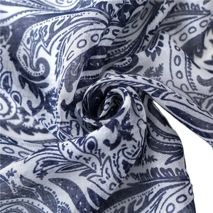 Classic navy blue paisley scarf made of cotton-linen blend with tassel fringe