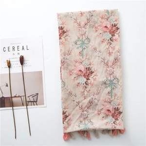 Floral cotton linen scarf with tassels and vintage flower print for women beach sunshade
