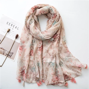 Floral Print Voile Scarf With Tassels Sun Protection Lightweight Long Beach Shawl Wraps For Women Korean Style
