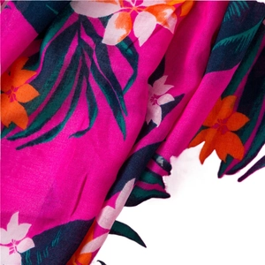 Tropical rose red linen scarf with vibrant floral print and tassels for beach vacations