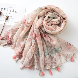 Floral print cotton linen shawl with tassels for women, lightweight summer scarf