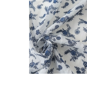 Blue floral print shawl with traditional porcelain pattern on lightweight white fabric