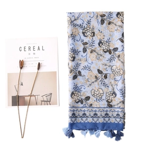 Retro floral cotton linen scarf in light blue with ethnic patterns and tassels