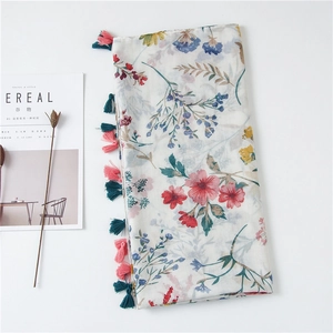 Chic Floral Print Shawl Scarf Cotton Linen Voile Lightweight Sun Protection With Tassels For Travel Beach