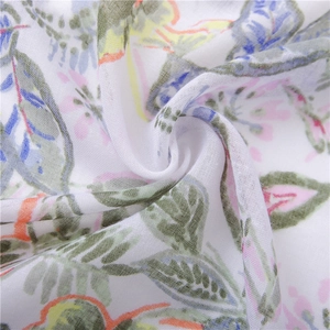 Lightweight cotton linen leaf print scarf with tassels and colorful floral pattern