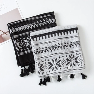 Detail of geometric patterns and tassel edges on black and white cotton linen scarves