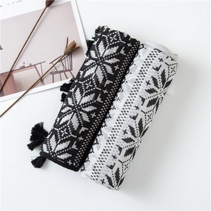Close-up of geometric snowflake pattern and fringe tassels on lightweight scarves