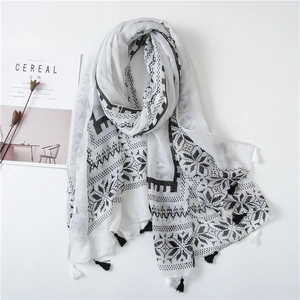 Black and white geometric scarf with tassels, lightweight cotton linen beach shawl for women