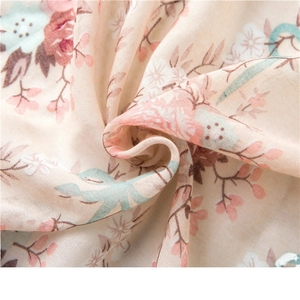 Beige floral cotton linen scarf with pink rose patterns, lightweight sun protection shawl