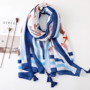 Women Fashion Satin Cotton Scarf Shawl Blue White Striped Seashell Starfish Print With Tassels Beach Sun Protection Wraps Summer Holiday Accessory