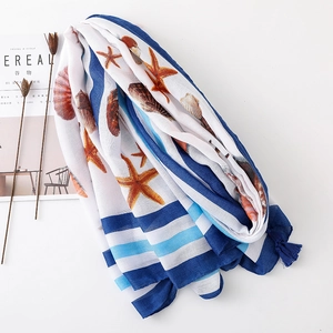 Women's cotton linen scarf with blue shell print, starfish pattern and elegant tassels