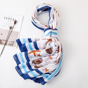 Lightweight cotton linen scarf with blue stripes and seashell starfish pattern