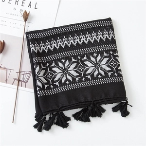 Detail of black and white geometric scarf featuring nordic patterns and soft fringe edges