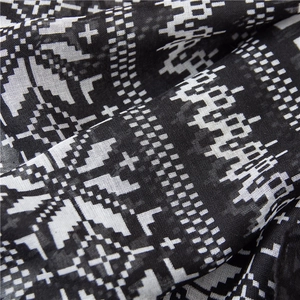 Detail shot of lightweight cotton linen scarf with black and white geometric pixel patterns