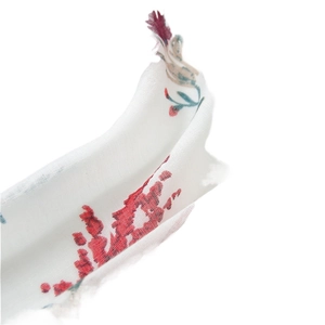 Chic cotton linen scarf with red floral prints and tassels for sun protection