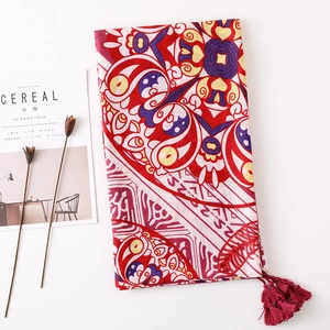 Red bohemian sunflower sun protection shawl scarf with ethnic print and fringe details