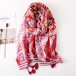 Long Cotton Linen Scarf Ethnic Floral Print Shawl Sun Protection Beach Wrap With Tassels Bohemian Style For Women