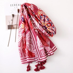 Ethnic red sun flower print cotton linen shawl scarf with elegant tassel trim for women