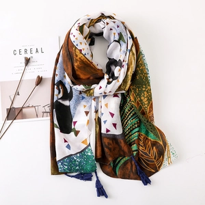 Écharpe Châle En Coton Et Lin Pour Femmes Imprimé Pingouin Géométrique Protection Solaire Bohème Ethnique Gland