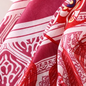 Ethnic red and white floral cotton linen shawl with vintage geometric patterns and texture