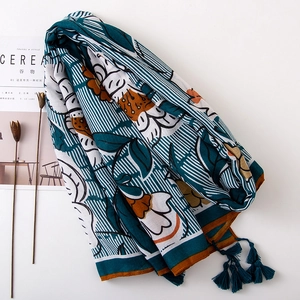 Floral cotton linen scarf with tassels in teal and orange, stylish pashmina for women