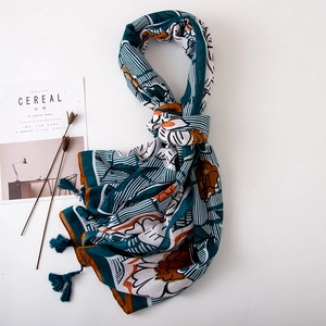 Floral cotton linen scarf with tassels, navy and orange print pashmina for women