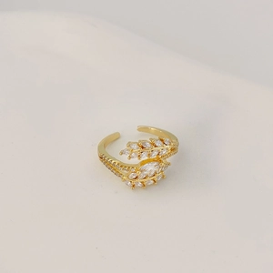 Adjustable gold plated leaf ring with sparkling marquise cubic zirconia stones