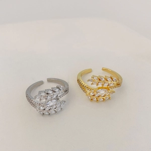 Adjustable Leaf Ring Copper Gold Plated Cubic Zirconia Geometric Sparkly Marquise Cut Fashion Jewelry For Women
