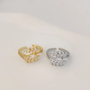 Adjustable leaf open ring with sparkling cubic zirconia in gold and silver plating