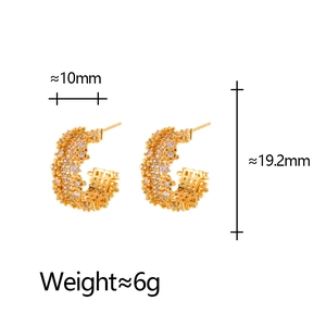 Detailed size view of gold C-shaped earrings with zircons measuring 19.2mm by 10mm