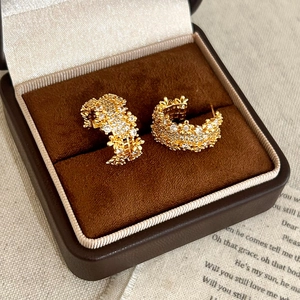 Luxury gold C-shaped earrings with micro-pave zircons in a velvet gift jewelry box