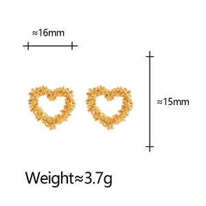 Golden irregular textured heart stud earrings 16x15mm dimensions and weight 3.7g