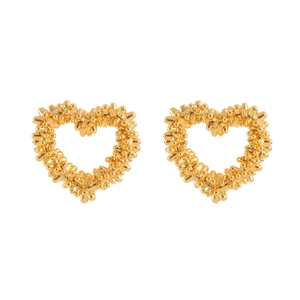 Elegant gold heart-shaped stud earrings with textured caviar finish and openwork design