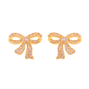 Elegant gold bow earrings with sparkling cubic zirconia stones on white background